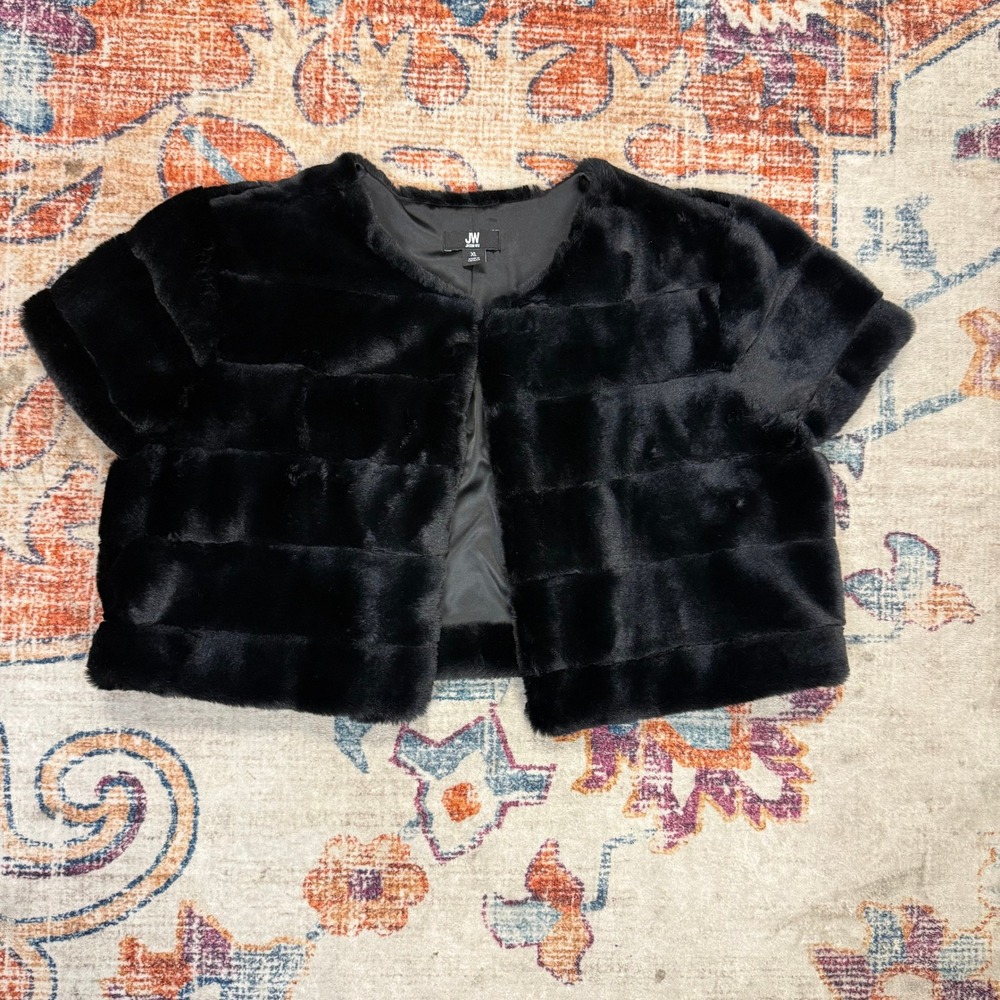 Jason Wu Black Faux Fur Bolero Cropped Jacket Short Sleeve‎ XL 689886468526